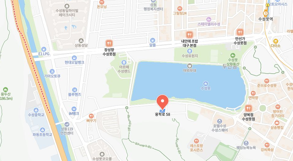 수성못역과 신천대로, 수성랜드, 두산오거리에서 륜하우스까지 안내하는 지도